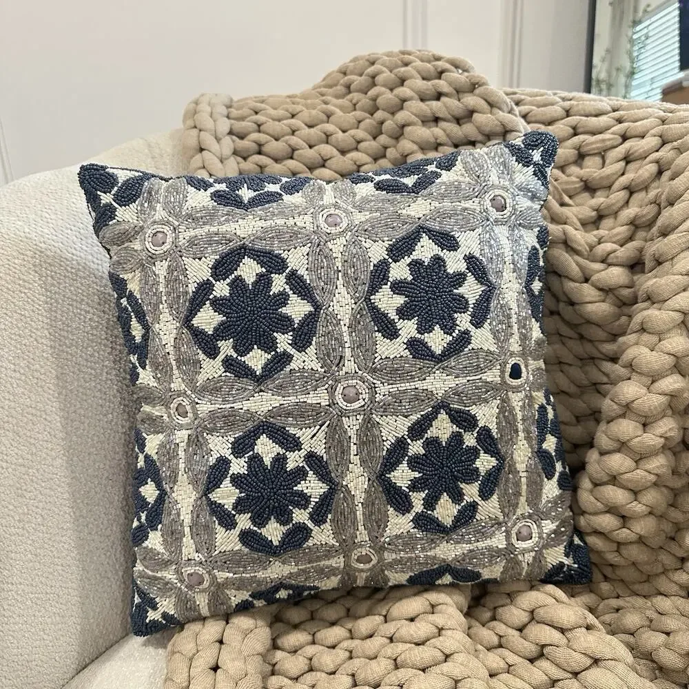 Pier 1 Imports Throw Pillow 13” Square Blue White Silver Beaded Geometric